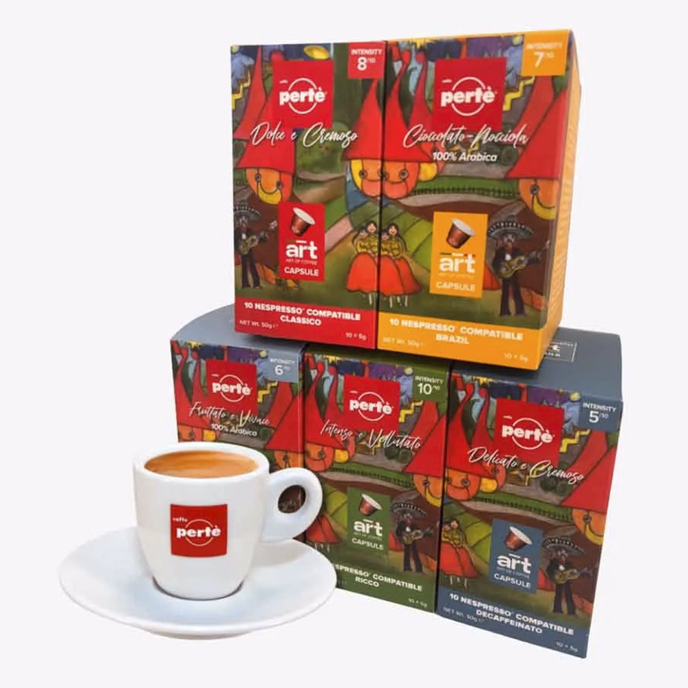 Ajándékcsomag CAFFÉ PERTÉ Art of Coffee kapszulás kóstoló csomag + csésze szett