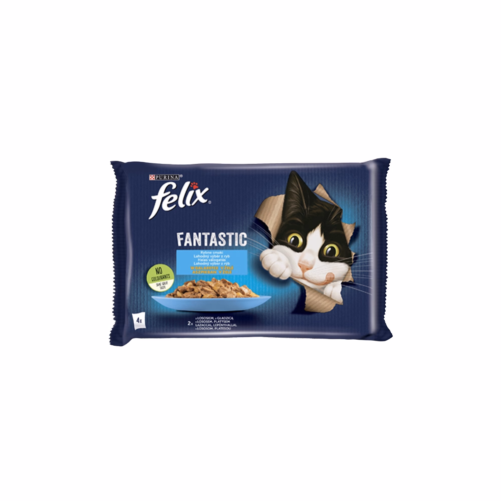 Állateledel alutasakos FELIX Fantastic macskáknak lazac-lepényhal aszpikban 4x85 g