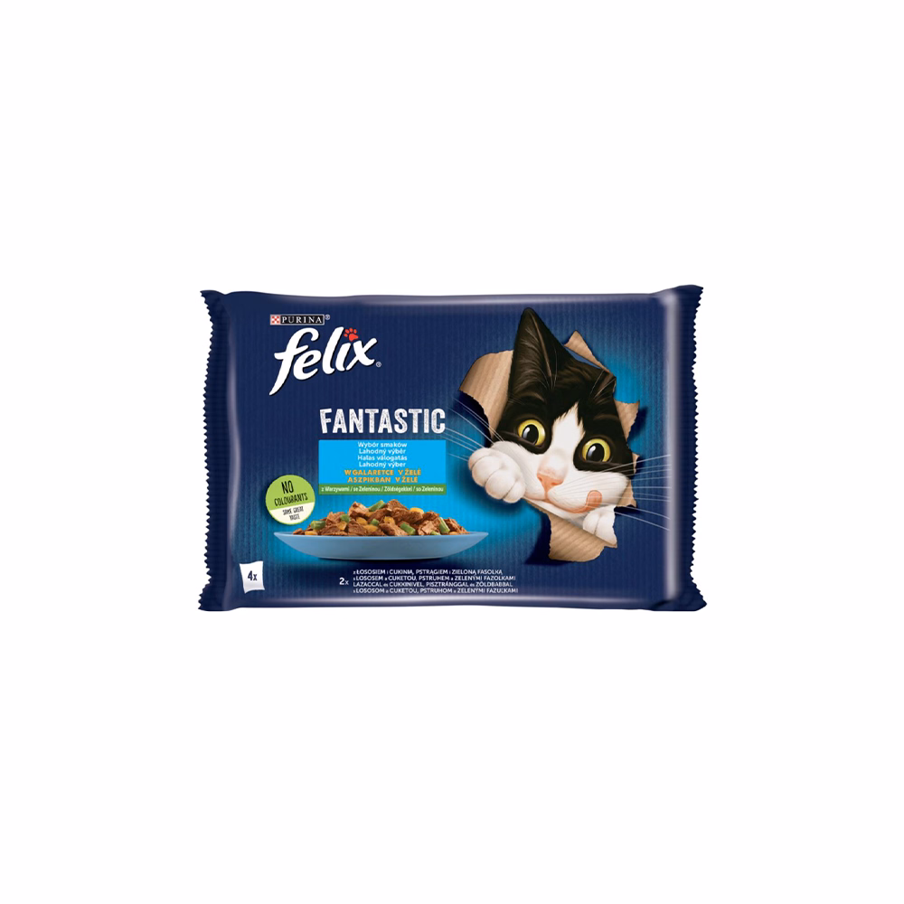 Állateledel alutasakos FELIX Fantastic macskáknak zöldséges halas válogatás aszpikban 4x85 g