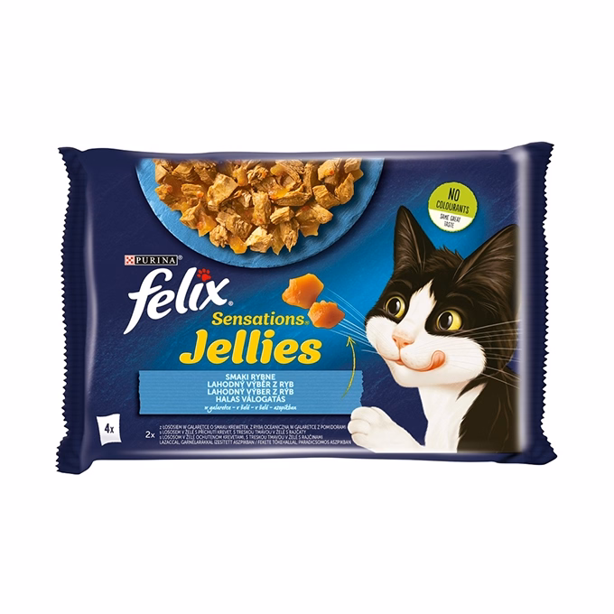 Állateledel alutasakos FELIX Sensations Jellies macskáknak 4-pack halas lazac-tőkehal válogatás aszpikban 4x85 g