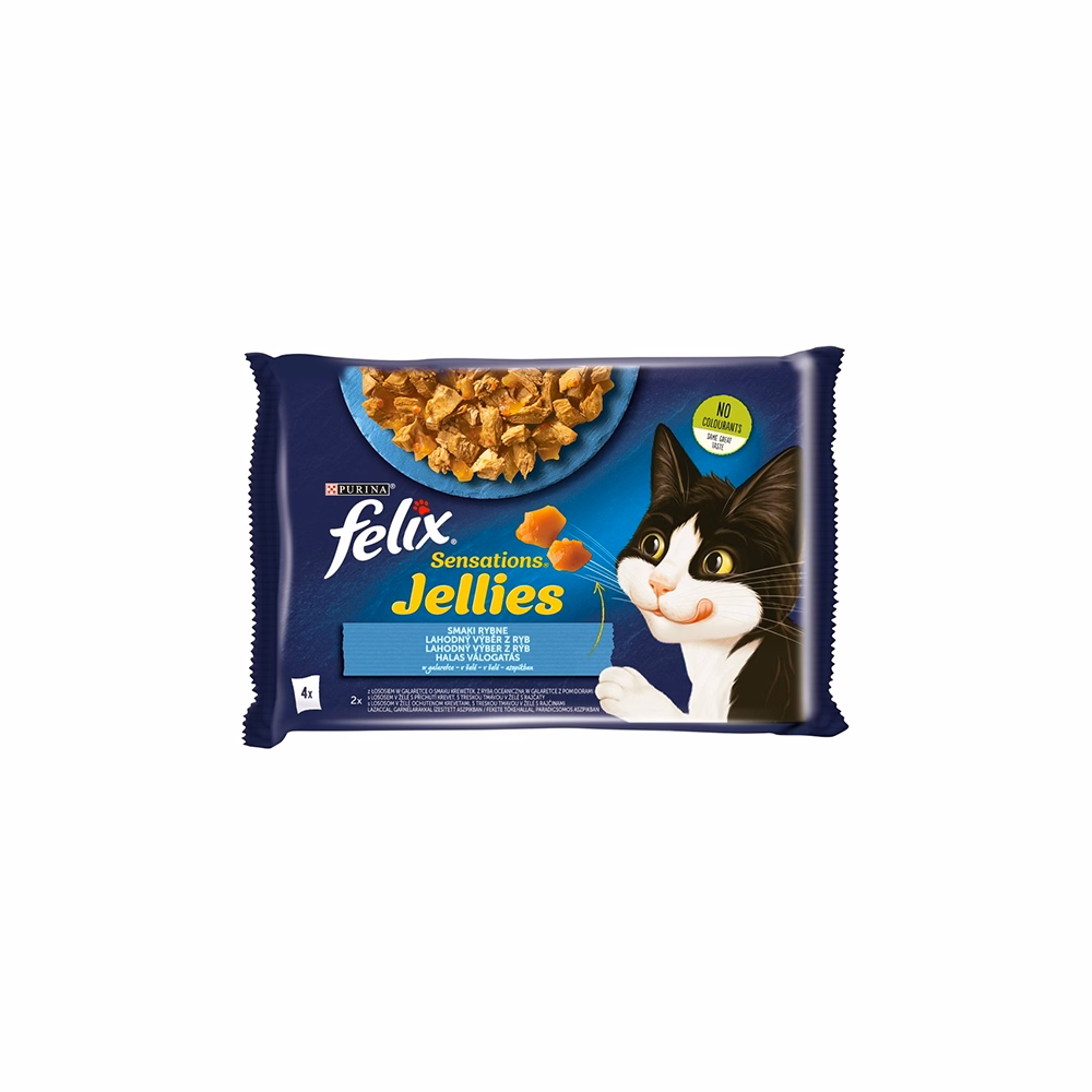 Állateledel alutasakos FELIX Sensations Jellies macskáknak 4-pack halas lazac-tőkehal válogatás aszpikban 4x85 g