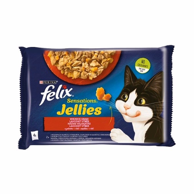 Állateledel alutasakos FELIX Sensations Jellies macskáknak 4-pack házias marha-csirke válogatás aszpikban 4x85 g
