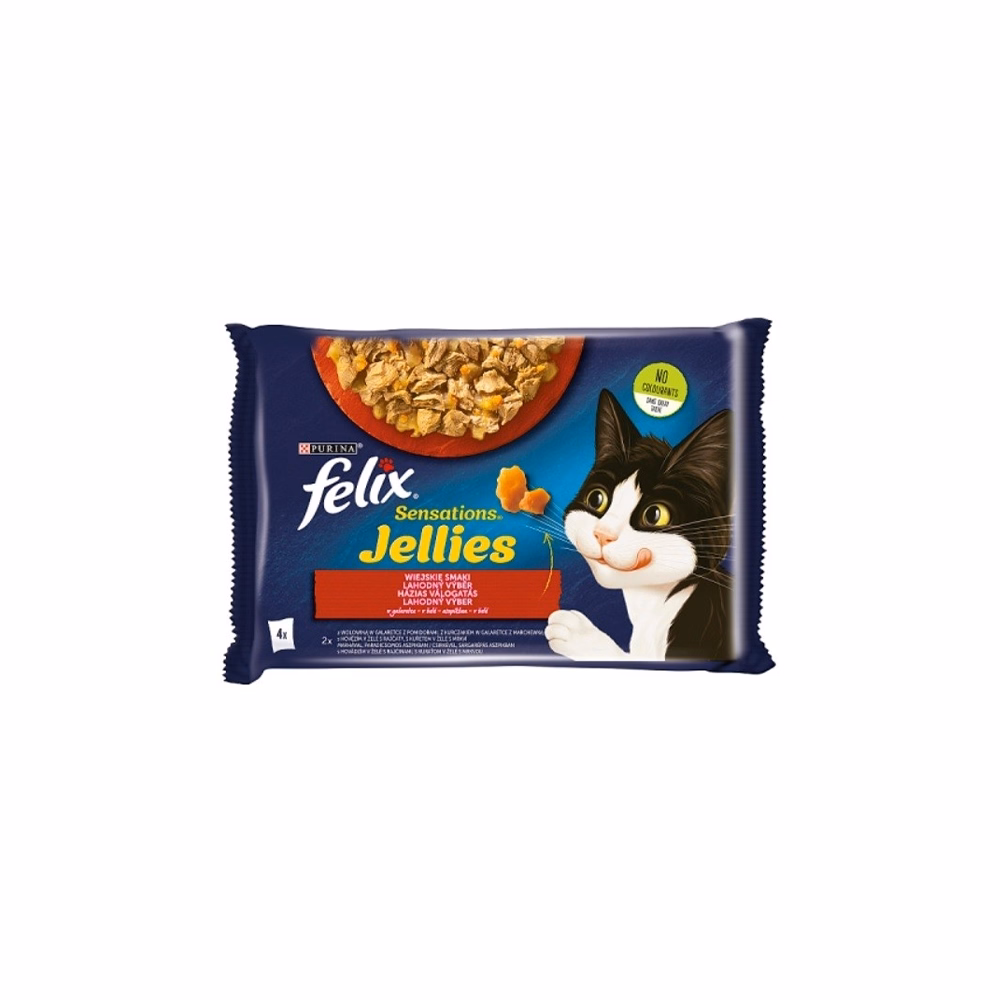 Állateledel alutasakos FELIX Sensations Jellies macskáknak 4-pack házias marha-csirke válogatás aszpikban 4x85 g