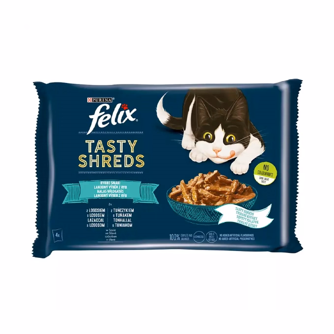 Állateledel alutasakos FELIX Tasty Shreds macskáknak 4-pack halas lazac-tonhal válogatás szószban 4x80 g