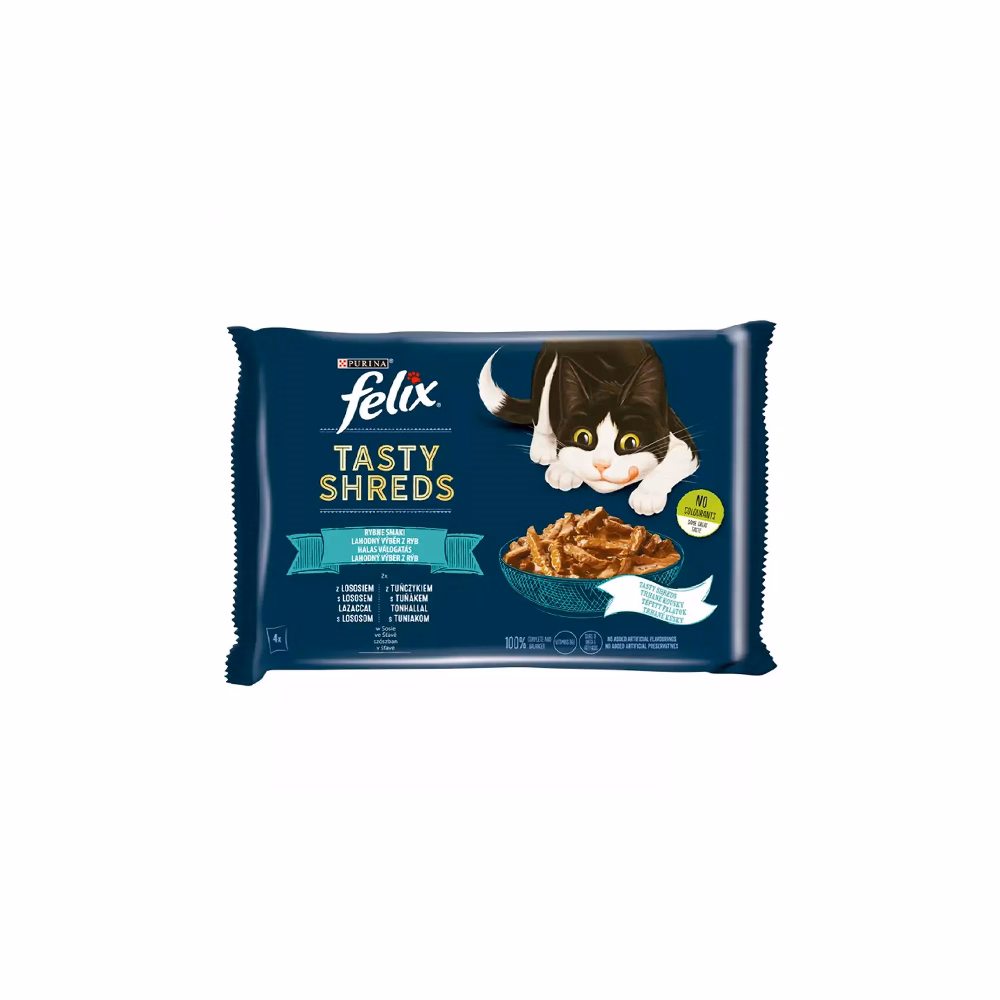 Állateledel alutasakos FELIX Tasty Shreds macskáknak 4-pack halas lazac-tonhal válogatás szószban 4x80 g