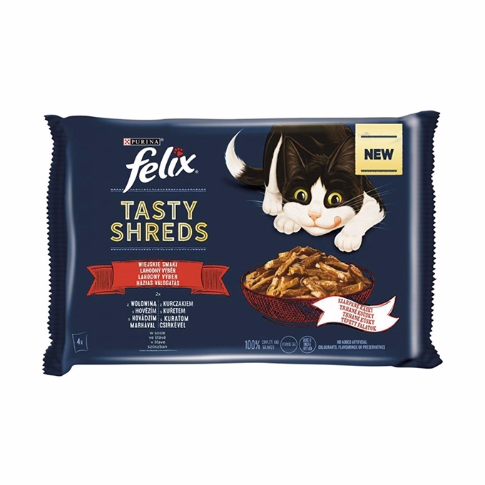 Állateledel alutasakos FELIX Tasty Shreds macskáknak 4-pack házias marha-csirke válogatás szószban 4x80 g