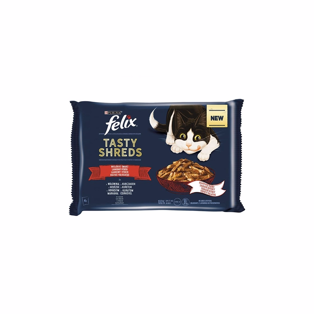 Állateledel alutasakos FELIX Tasty Shreds macskáknak 4-pack házias marha-csirke válogatás szószban 4x80 g