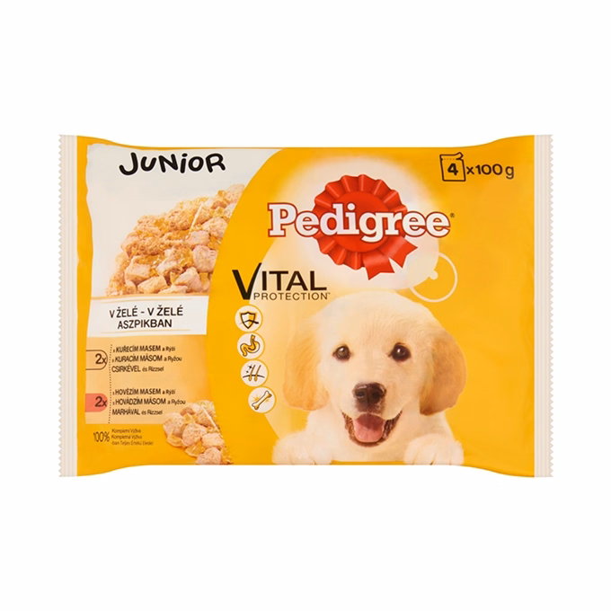Állateledel alutasakos PEDIGREE Junior kutyáknak 4-pack csirke-marha válogatás 4x100 g