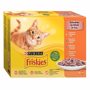 Állateledel alutasakos PURINA Friskies macskáknak csirke-kacsa-lazac-pulyka 12x85 g