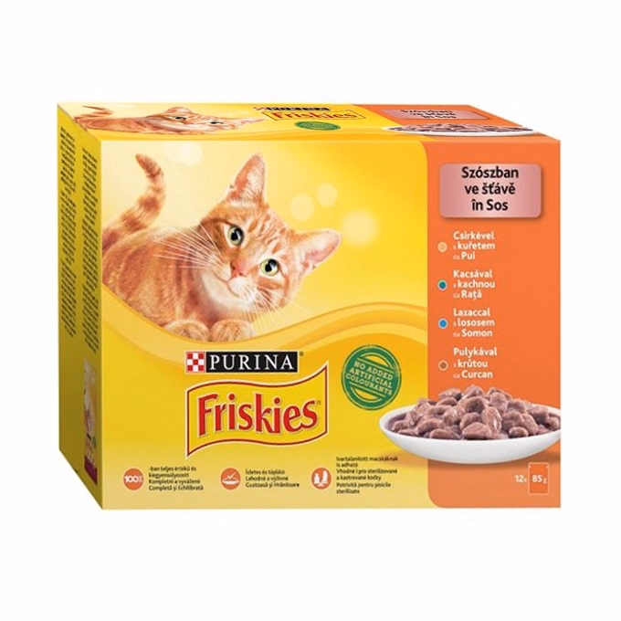 Állateledel alutasakos PURINA Friskies macskáknak csirke-kacsa-lazac-pulyka 12x85 g