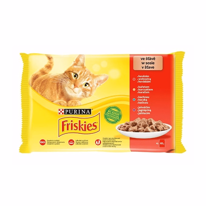Állateledel alutasakos PURINA Friskies macskáknak csirke-marha-bárány-kacsa 4x85 g