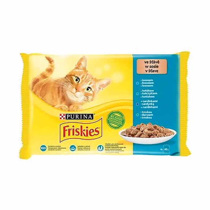 Állateledel alutasakos PURINA Friskies macskáknak lazac-tonhal-tőkehal-szardínia 4x85 g