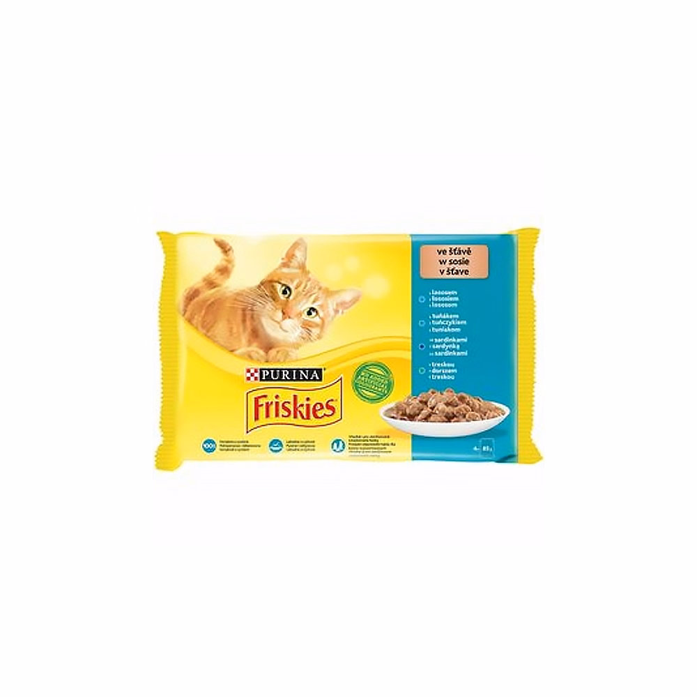 Állateledel alutasakos PURINA Friskies macskáknak lazac-tonhal-tőkehal-szardínia 4x85 g