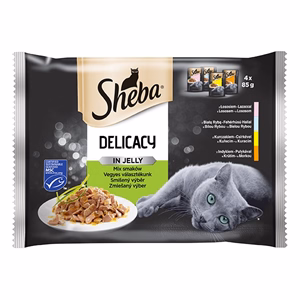 Állateledel alutasakos SHEBA Delicacy macskáknak 4-pack vegyes lazac-hal-csirke-pulyka válogatás 4x85 g