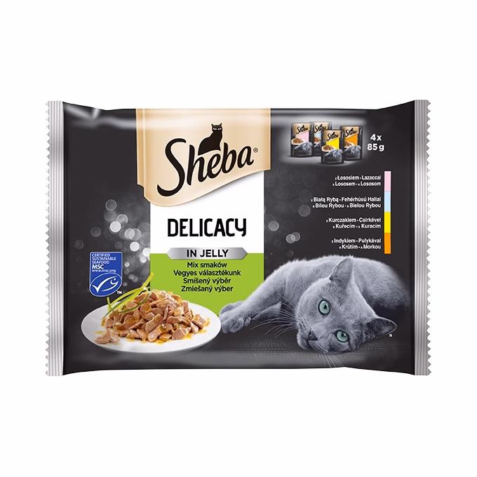 Állateledel alutasakos SHEBA Delicacy macskáknak 4-pack vegyes lazac-hal-csirke-pulyka válogatás 4x85 g