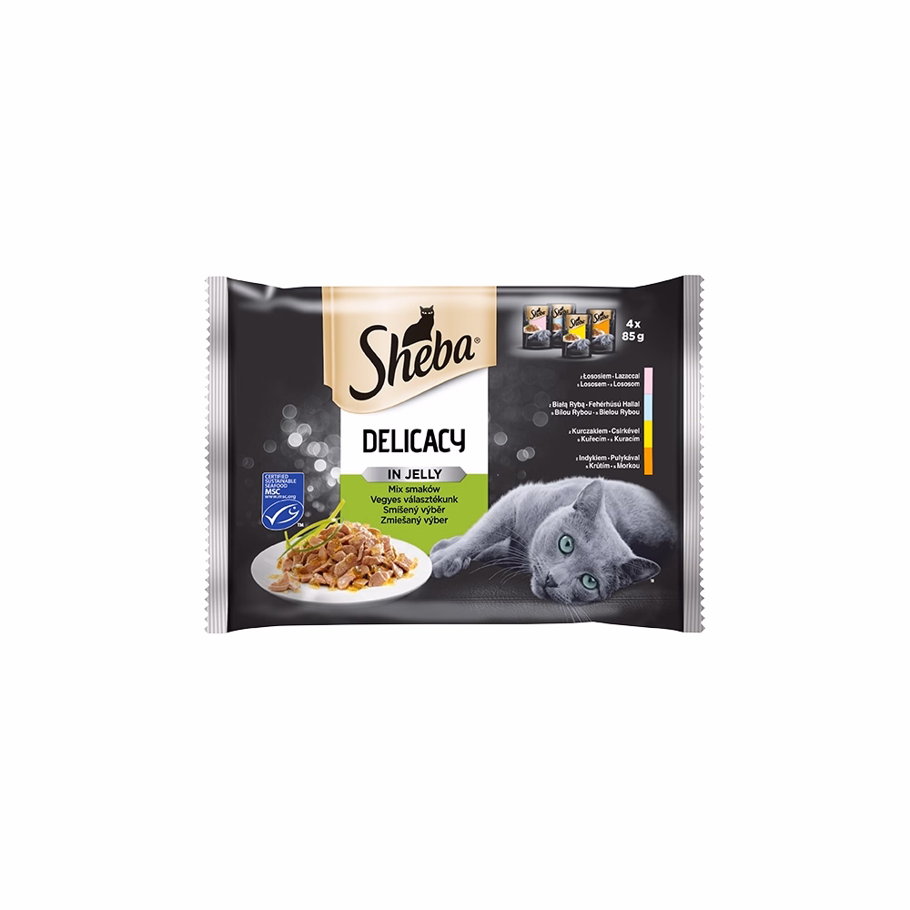 Állateledel alutasakos SHEBA Delicacy macskáknak 4-pack vegyes lazac-hal-csirke-pulyka válogatás 4x85 g
