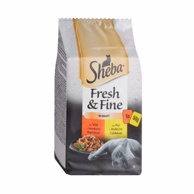 Állateledel alutasakos SHEBA Mini macskáknak húsos marha-csirke válogatás 6x50 g