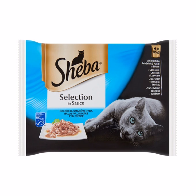 Állateledel alutasakos SHEBA Selection macskáknak 4-pack halas hal-lazac-tőkehal-tonhal válogatás 4x85 g