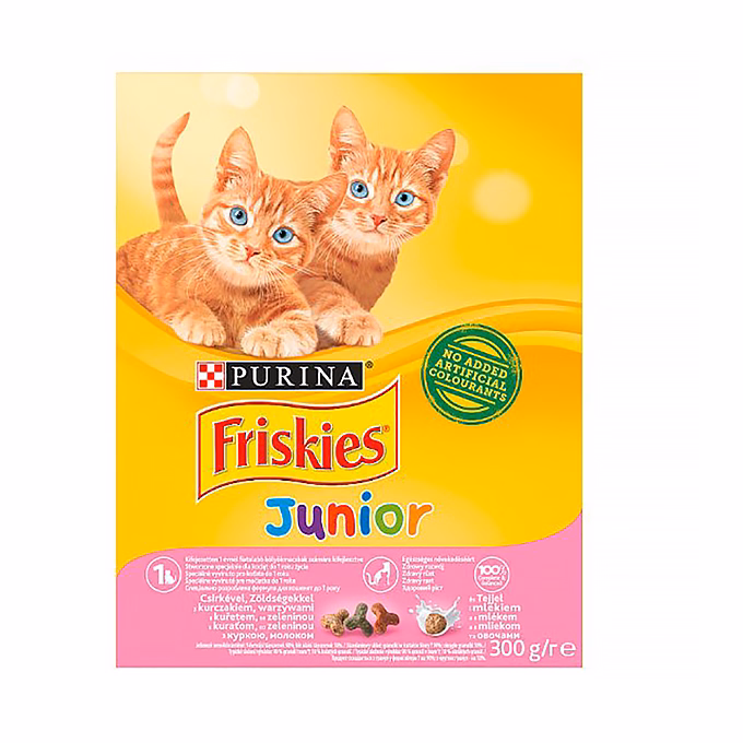 Állateledel száraz PURINA Friskies Junior macskáknak csirkével, zöldségkkel és tejjel 300 g