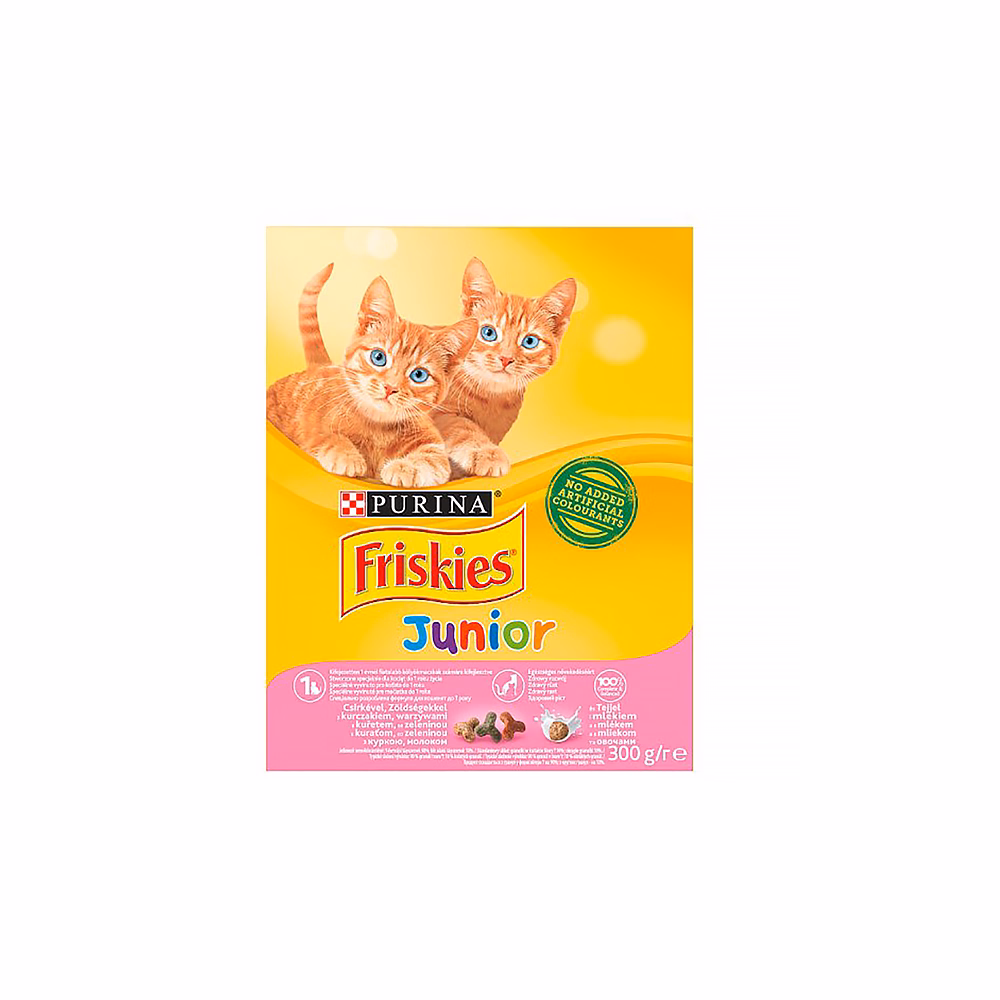 Állateledel száraz PURINA Friskies Junior macskáknak csirkével, zöldségkkel és tejjel 300 g