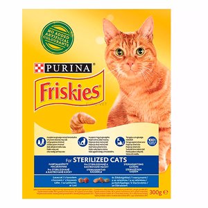 Állateledel száraz PURINA Friskies Sterilcat ivartalanított macskáknak lazaccal és zöldségekkel 300 g