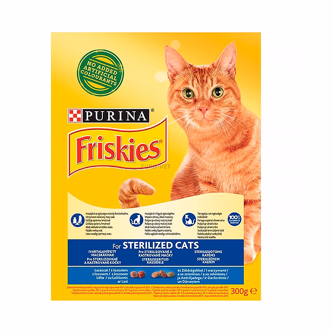 Állateledel száraz PURINA Friskies Sterilcat ivartalanított macskáknak lazaccal és zöldségekkel 300 g