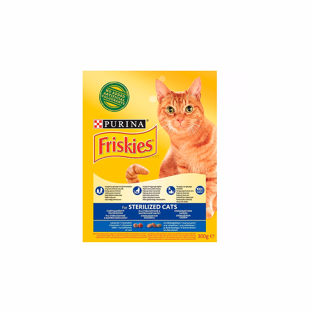 Állateledel száraz PURINA Friskies Sterilcat ivartalanított macskáknak lazaccal és zöldségekkel 300 g