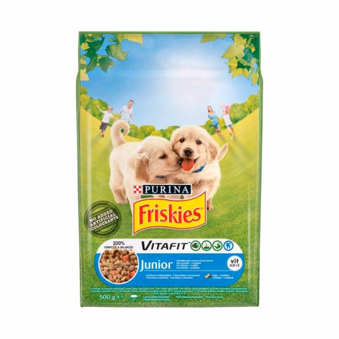Állateledel száraz PURINA Friskies Vitafit Junior kutyáknak csirkével, zöldséggel és tejjel 500 g