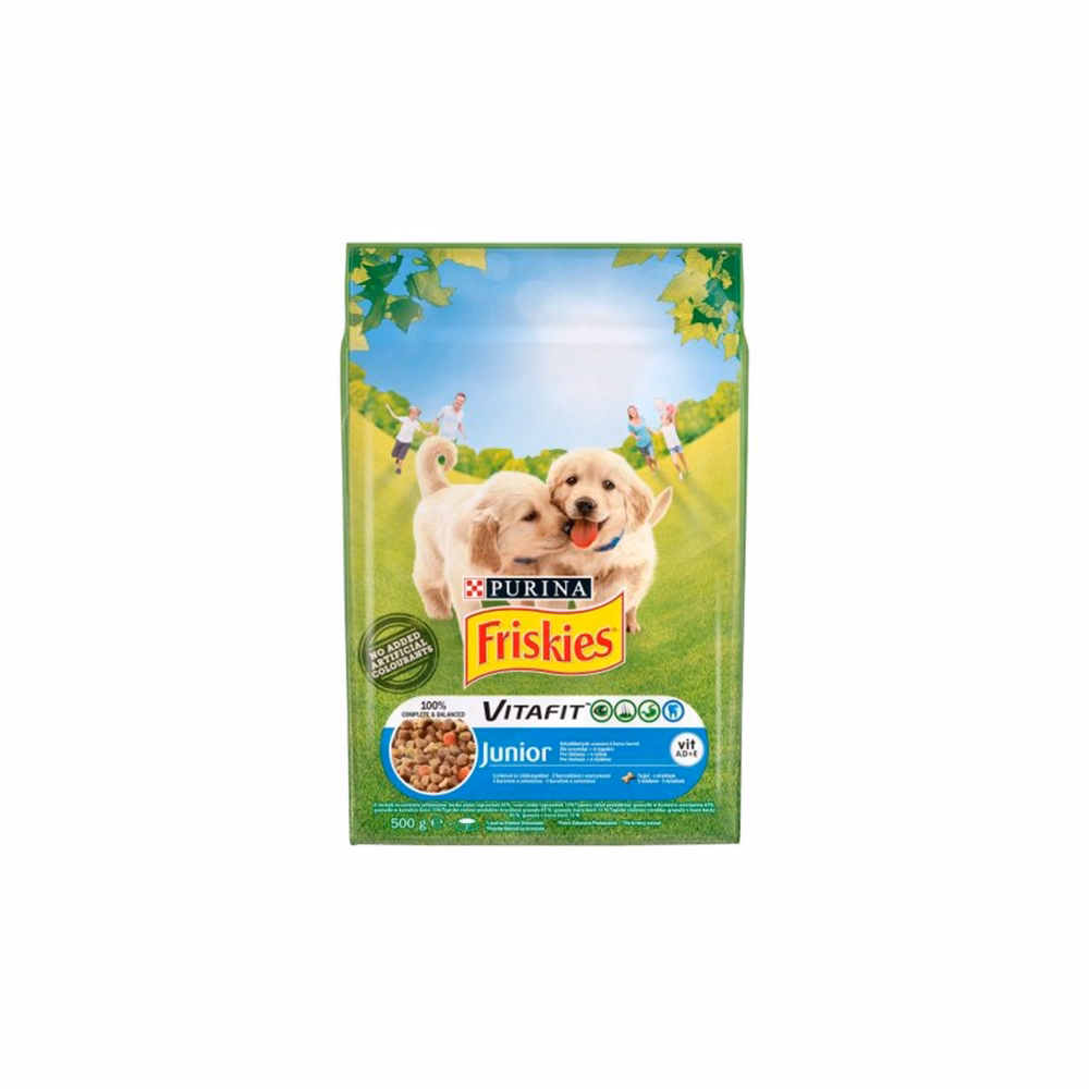 Állateledel száraz PURINA Friskies Vitafit Junior kutyáknak csirkével, zöldséggel és tejjel 500 g