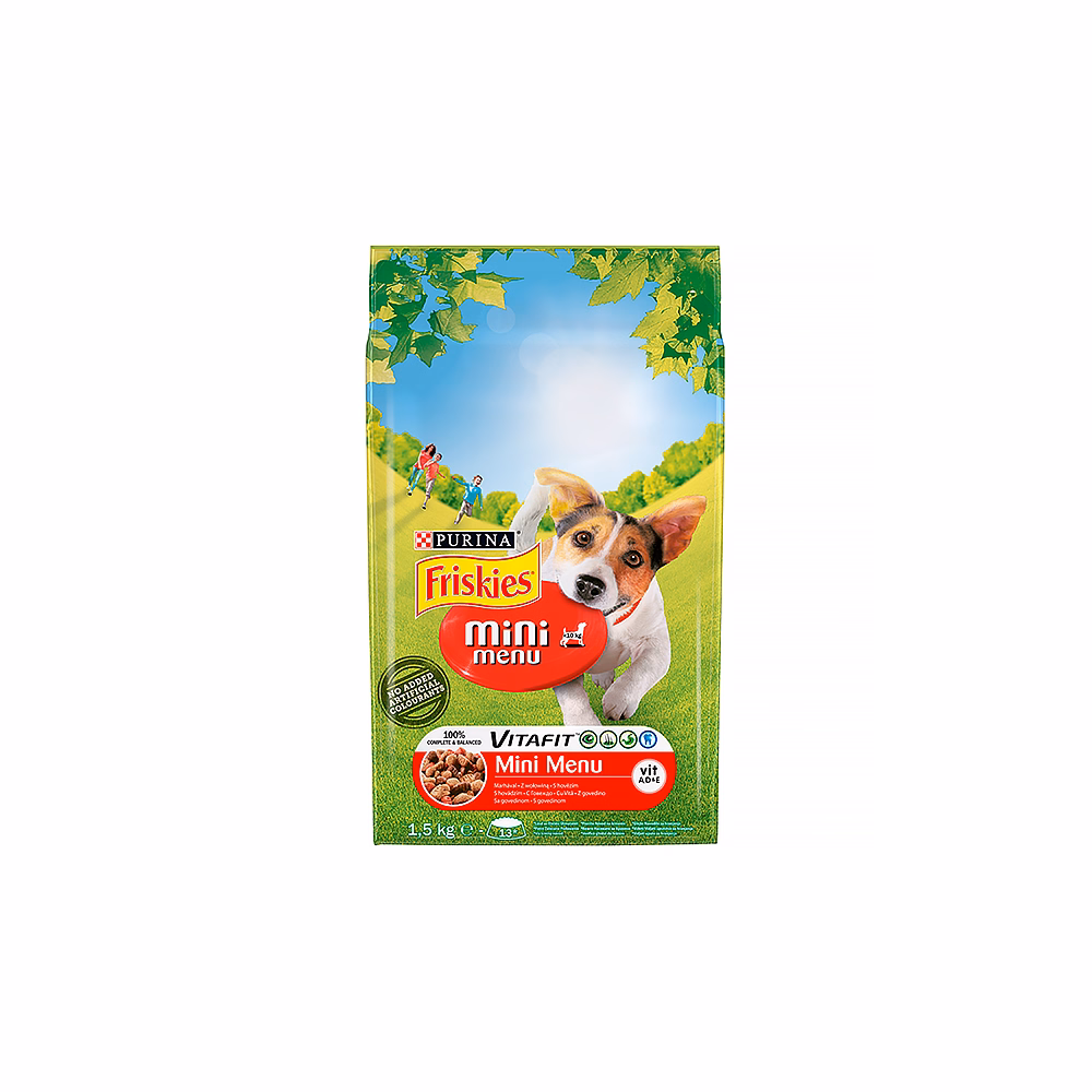 Állateledel száraz PURINA Friskies Vitafit Mini menü kutyáknak marhahússal és zöldséggel 1,5 kg