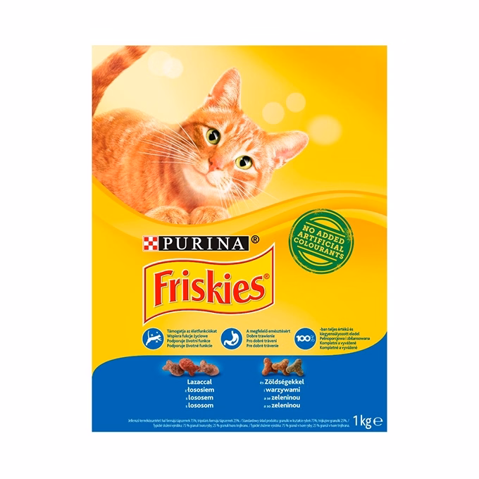 Állateledel száraz PURINA Friskies macskáknak lazaccal és zöldséggel 1 kg