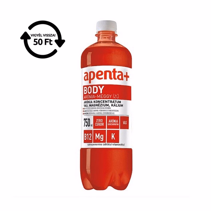 Ásványvíz szénsavmentes APENTA+ Body arónia-meggy ízű 0,75L DRS