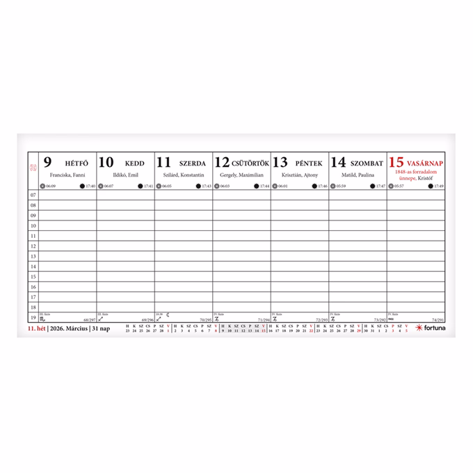 Asztali naptár FORTUNA TA24 álló fehér lapos holdfázissal 2026.