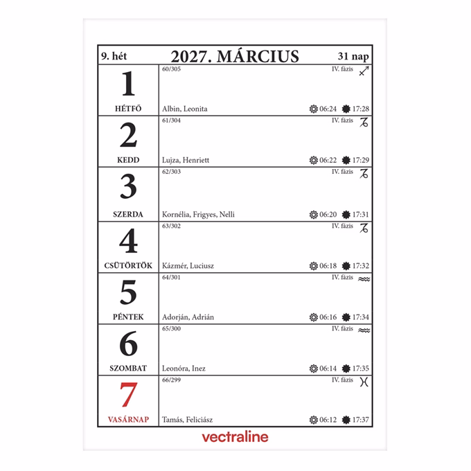 Asztali naptár VECTRALINE BA21 álló fehér lapos holdfázissal 2027.