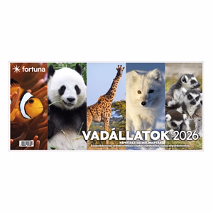 Asztali naptár képes FORTUNA Vadállatok álló fehér lapos holdfázissal naptárháttal 2026.