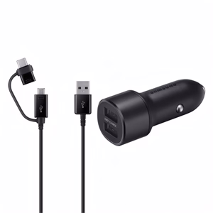 Autós töltő SAMSUNG 2xUSB-A 15W QC LED fekete + Usb-C/Micro USB kábel