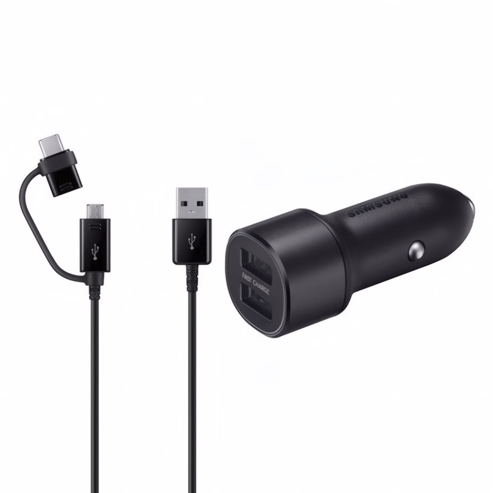 Autós töltő SAMSUNG 2xUSB-A 15W QC LED fekete + Usb-C/Micro USB kábel