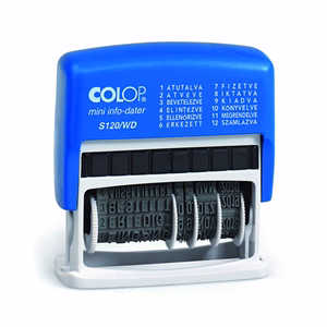 Bélyegző dátum+szöveg COLOP S120/WD 12 féle szöveggel kék ház fekete párna Bélyegző dátum+szöveg COLOP S120/WD 12 féle szöveggel kék ház fekete párna