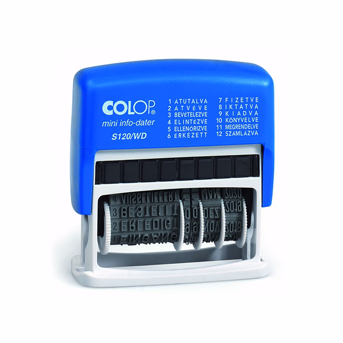 Bélyegző dátum+szöveg COLOP S120/WD 12 féle szöveggel kék ház fekete párna Bélyegző dátum+szöveg COLOP S120/WD 12 féle szöveggel kék ház fekete párna