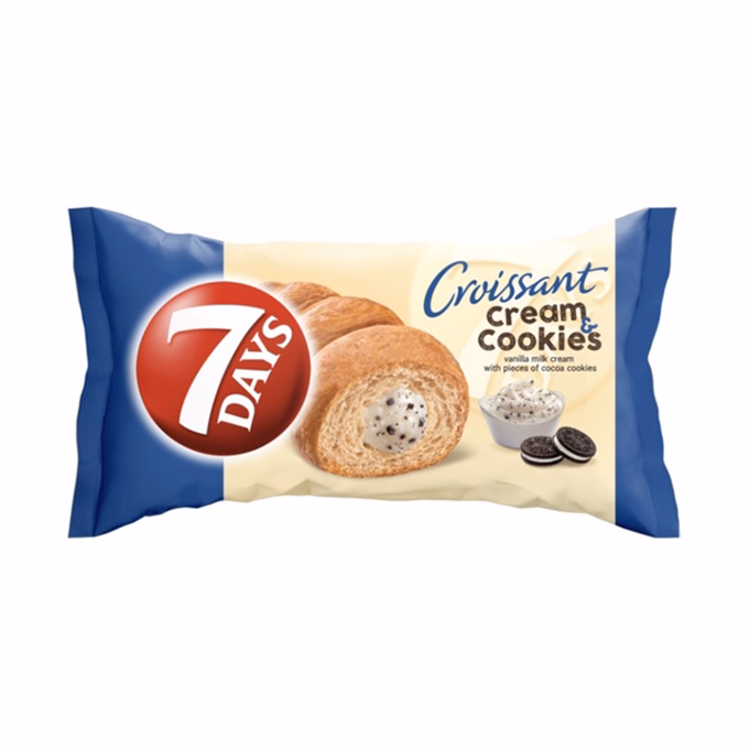 Croissant 7DAYS Cream&Cookies vanília ízű krémmel töltött kakaós keksz darbokkal 60g