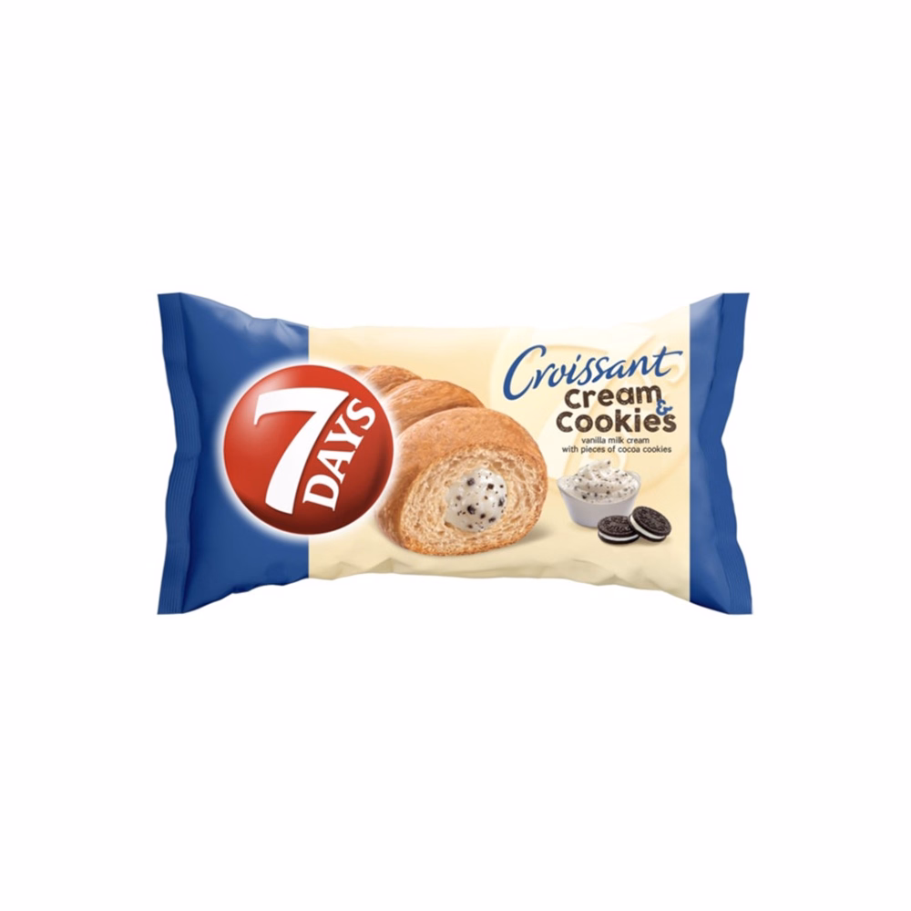 Croissant 7DAYS Cream&Cookies vanília ízű krémmel töltött kakaós keksz darbokkal 60g