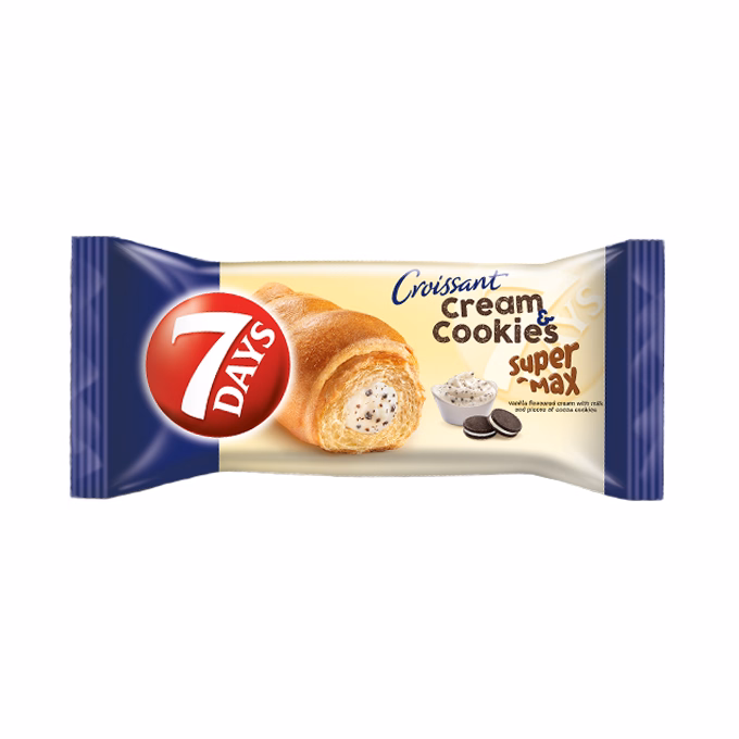Croissant 7DAYS Super Max Cream&Cookies vanília ízű töltelékkel kakaós keksz darabokkal 110 g