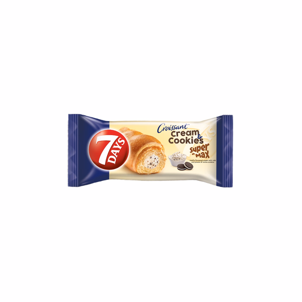 Croissant 7DAYS Super Max Cream&Cookies vanília ízű töltelékkel kakaós keksz darabokkal 110 g