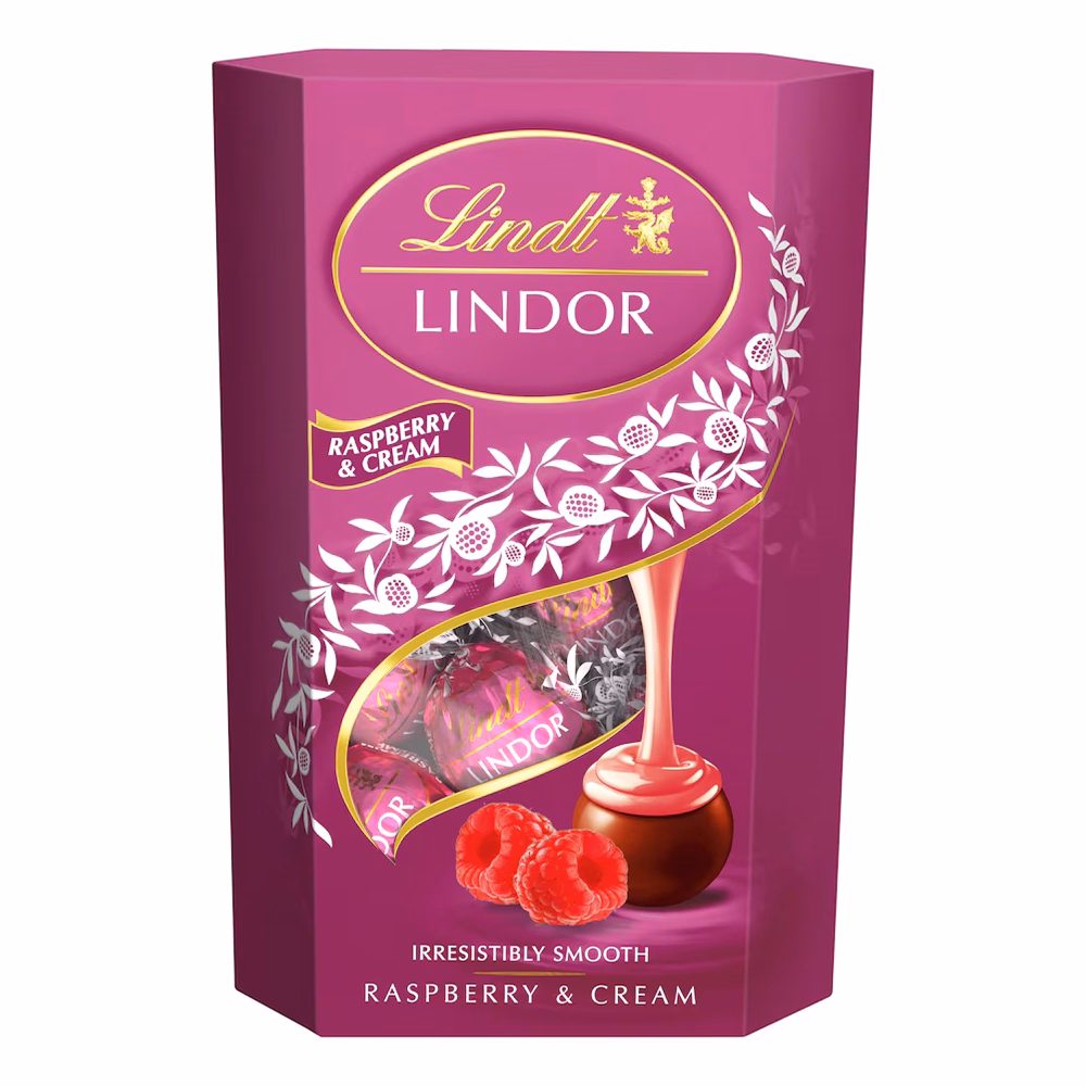 Csokoládé LINDT Lindor Raspberry&cream tejcsokoládé golyók díszdobozban 200 g
