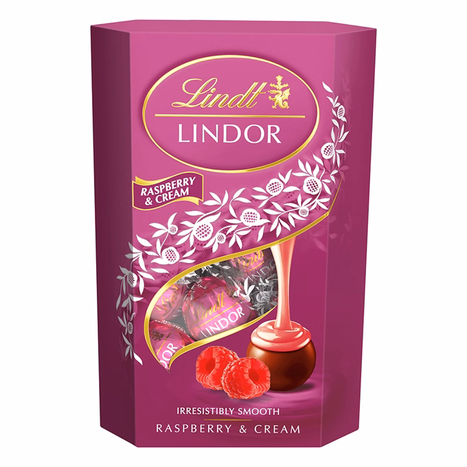 Csokoládé LINDT Lindor Raspberry&cream tejcsokoládé golyók díszdobozban 200 g