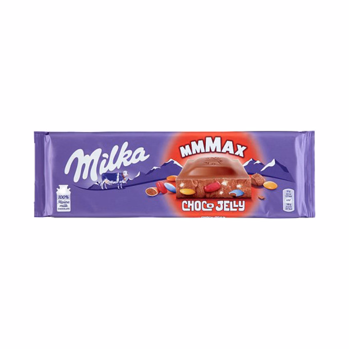 Csokoládé MILKA MMMax ChocoJelly meggyes zselédarabos-cukordrazsés 250 g
