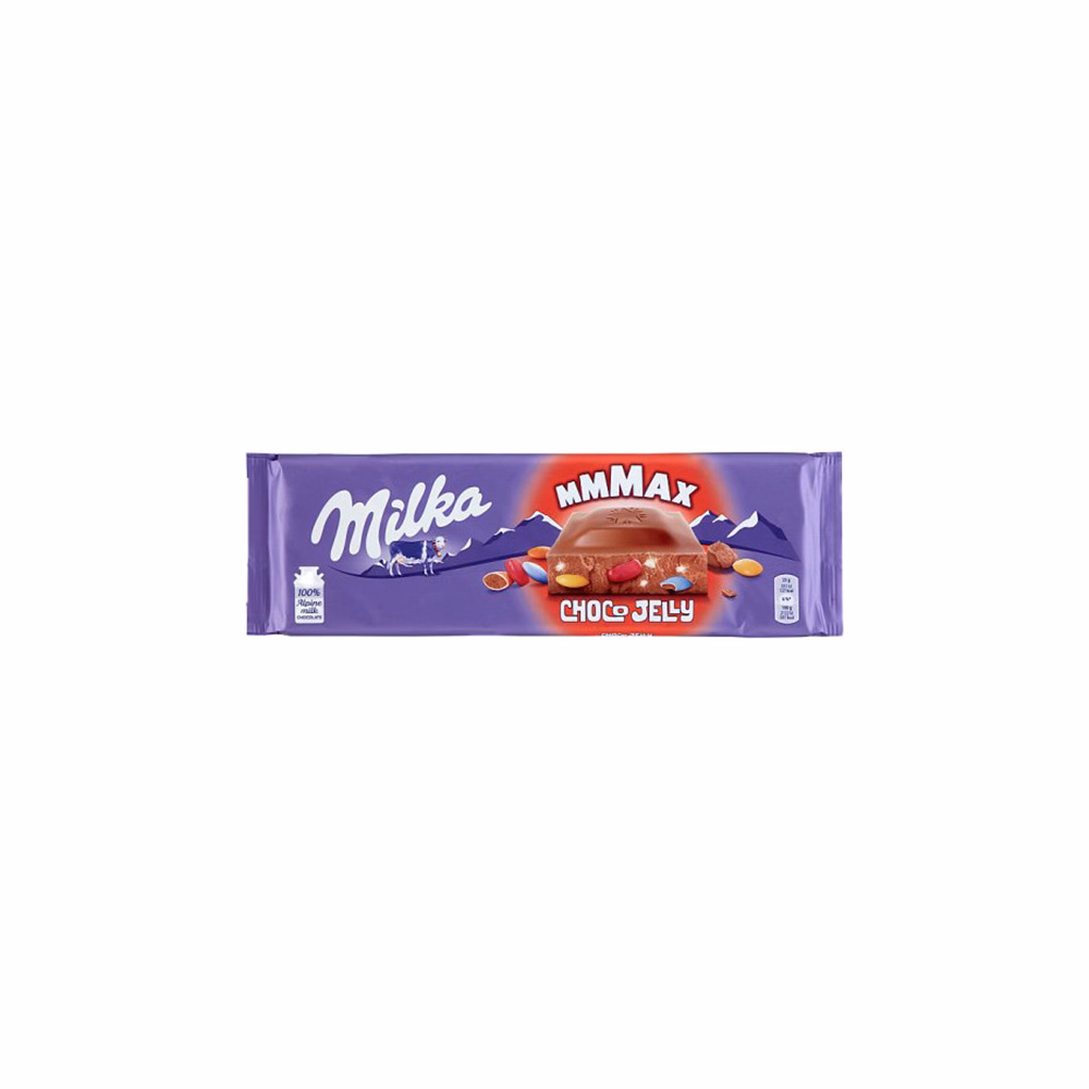 Csokoládé MILKA MMMax ChocoJelly meggyes zselédarabos-cukordrazsés 250 g