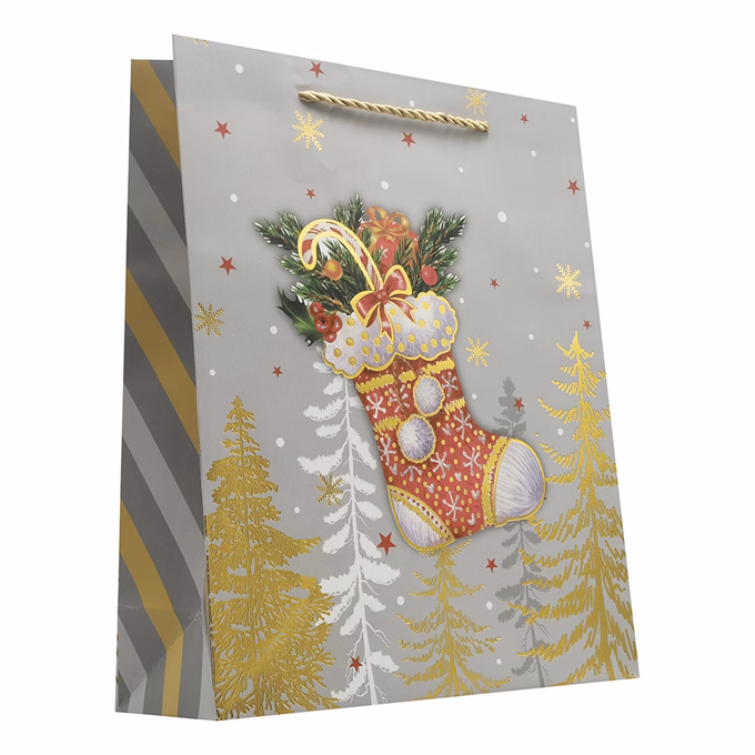 Dísztasak CREATIVE Delucm x e Plus L 26cm x 32cm x 10 cm karácsonyi arany-ezüst matt fóliás sodort füles