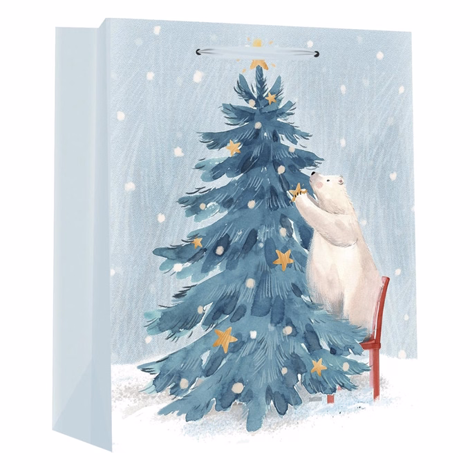 Karácsonyi dísztasak CREATIVE Deluxe Plus L 26x23x12 cm karácsonyi jegesmedve mintás matt glitteres szalag füles