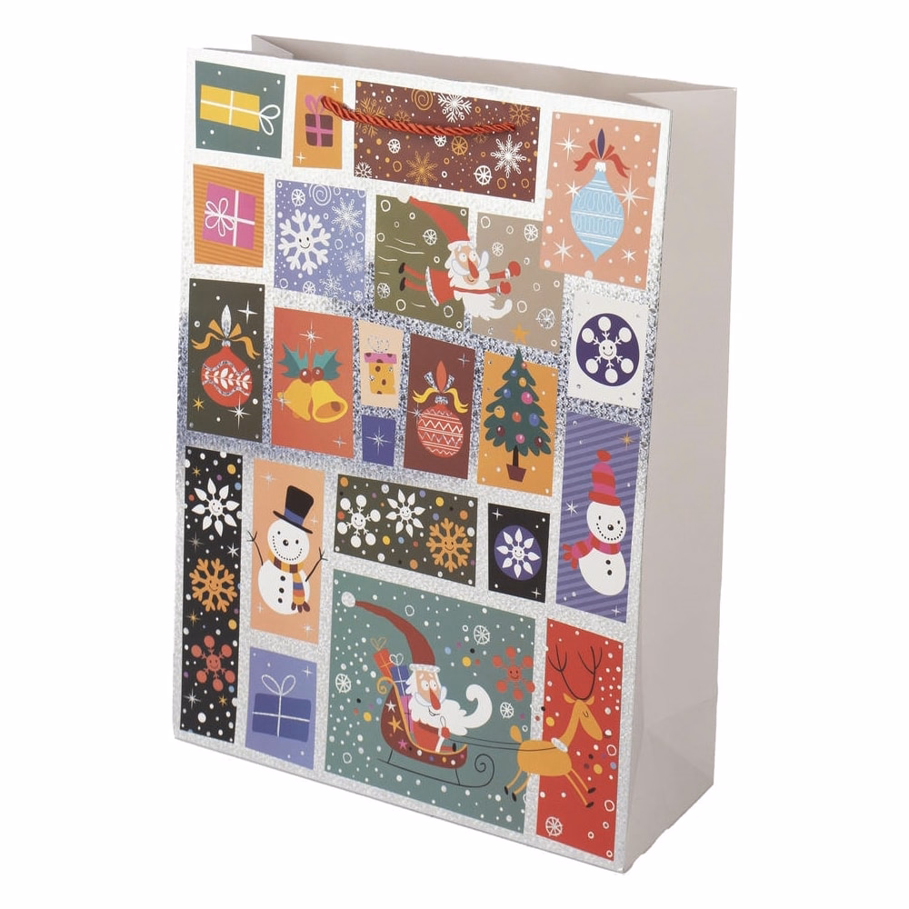 Karácsonyi dísztasak CREATIVE Deluxe Plus L 30x42x12 cm ünnepi mintás matt fóliás sodort füles